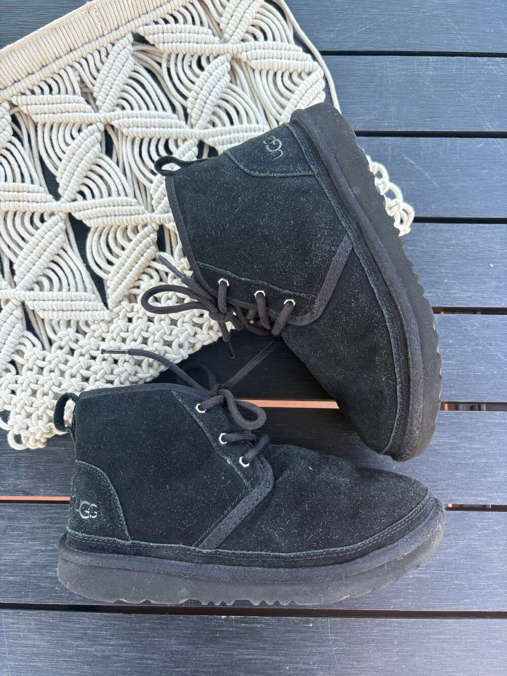 Ugg Kids Neumel II Black Chukka Ankle Boots Size 4 Suede Leather Winter Booties
